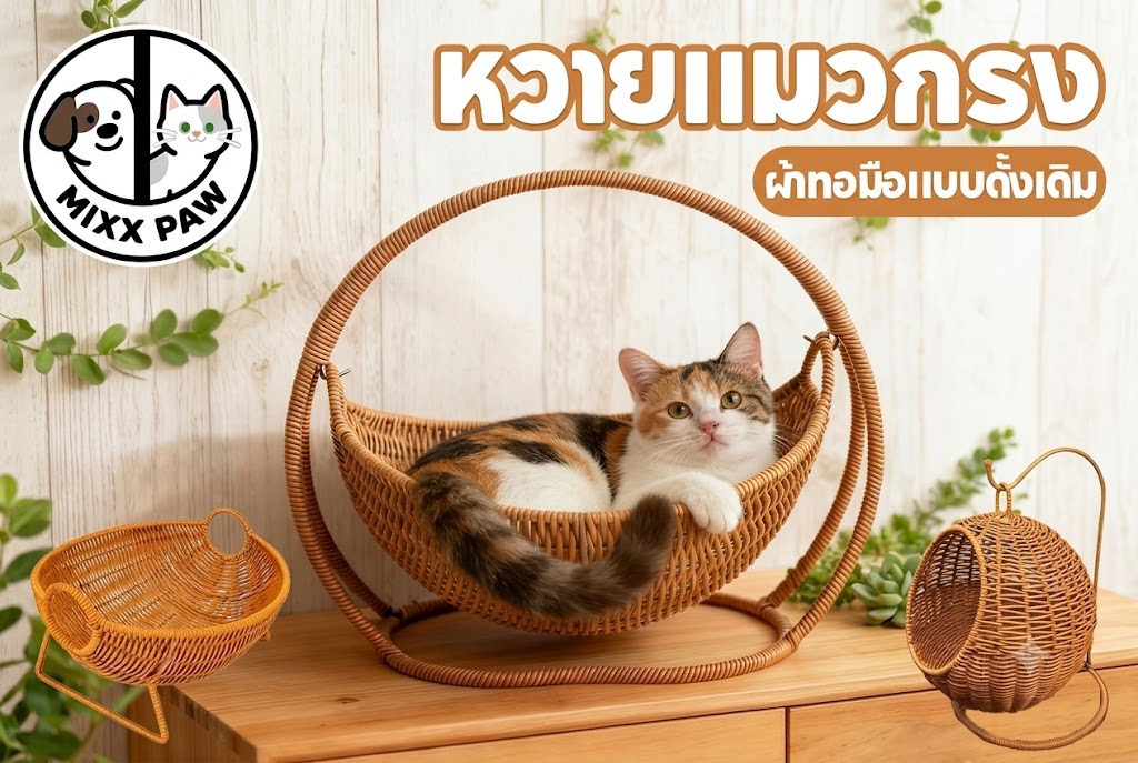 บ้านแมวหวาย ตะกร้าแมว เปลแมว ตะกร้าแขวน กึ่งปิด วัสดุธรรมชาติ 