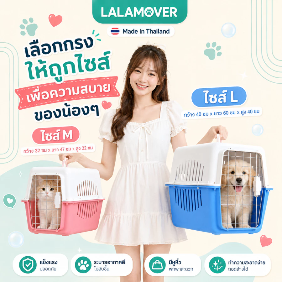 Lalamover กล่องเดินทางสัตว์เลี้ยง กรงหิ้วสัตว์เลี้ยง ผลิตในประเทศไทย รับประกันสินค้า มีแผ่นปูพื้น