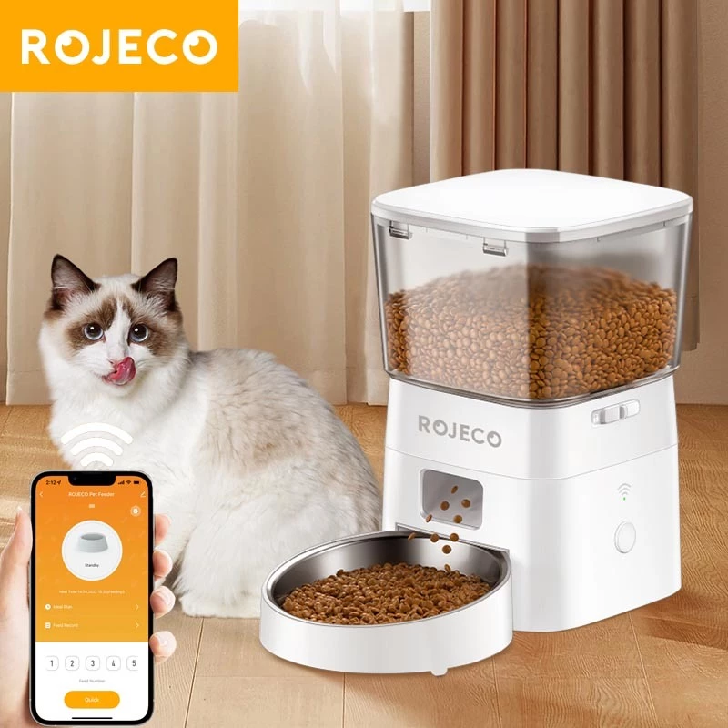 Rojeco เครื่องให้อาหารแมวอัตโนมัติ ปุ่มกด WIFI ควบคุมอัจฉริยะ ขนาด 2 ลิตร