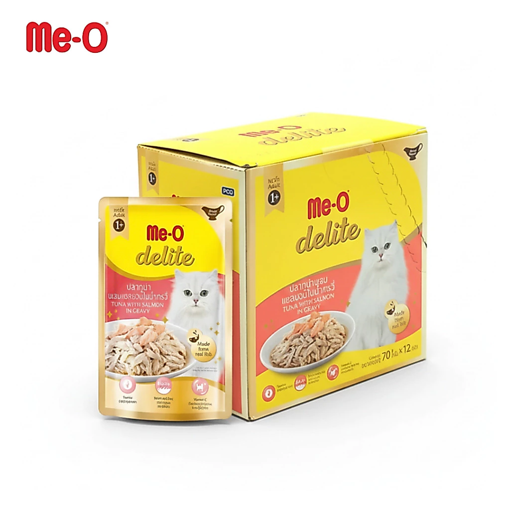 Me-O Delite 70g อาหารเปียกแมว มีโอ ดีไลท์ แบบซอง 12/48ซอง รสอร่อย Petus Kingkaew