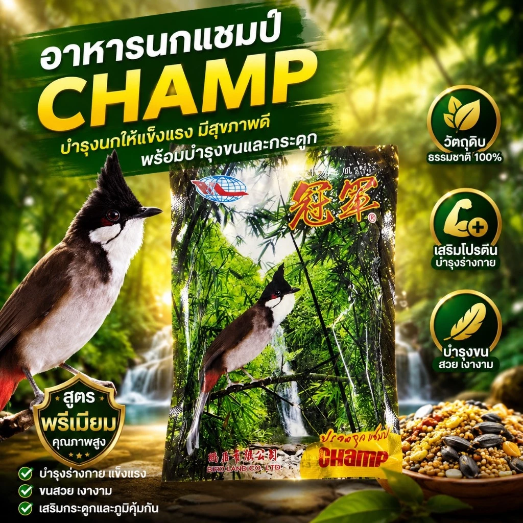 อาหารนก อาหารนกแชมป์ CHAMP อาหารนกกรงหัวจุก นกปรอด ขนาด 120 กรัม อาหารนกตราต้นไผ่ อาหารนกกรุงหัวจุก