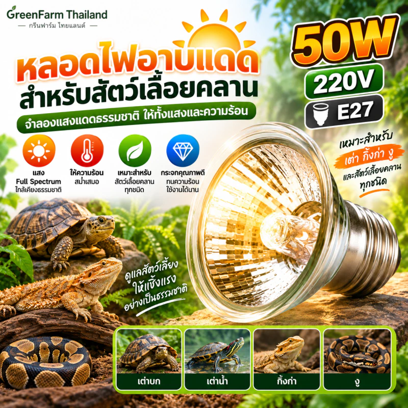 หลอดไฟอาบแดดเต่า 50W 220V E27 Heat Lamp Full Spectrum หลอดให้ความร้อน สำหรับเต่า กิ้งก่า งู สัตว์เลื้อยคลาน