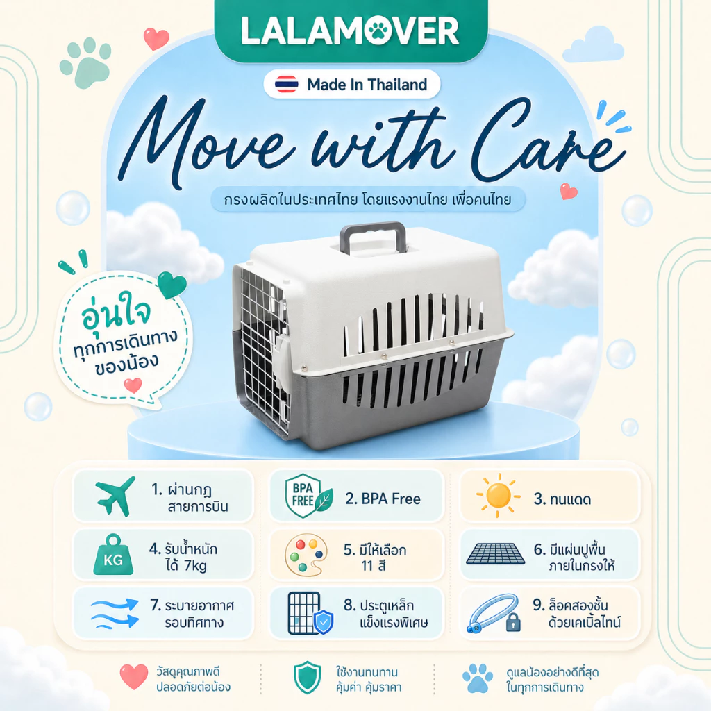 Lalamover กล่องเดินทางสัตว์เลี้ยง กรงหิ้วสัตว์เลี้ยง ผลิตในประเทศไทย รับประกันสินค้า มีแผ่นปูพื้น ภาพที่ 5