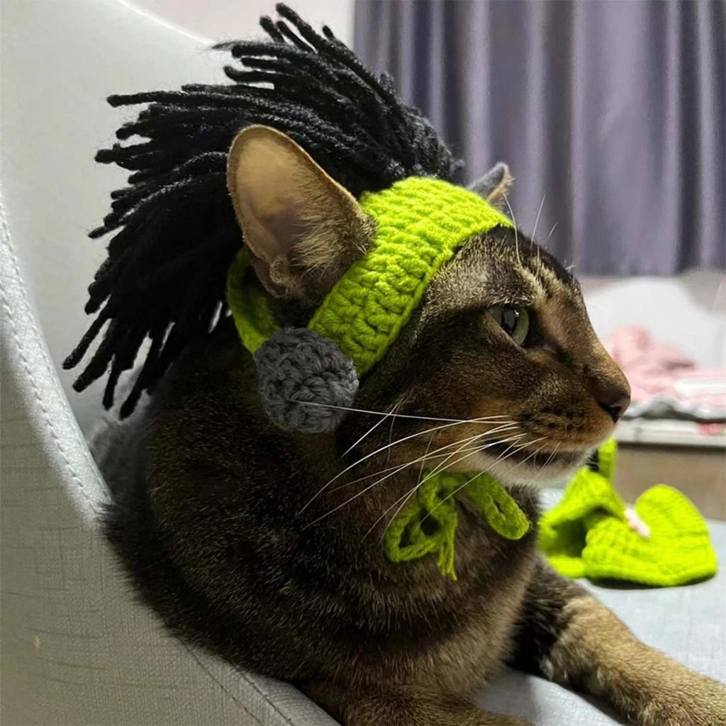 yoyopet : Headband หมวกถักไหมพรม ที่คาดผมสัตว์เลี้ยง หมวกเรกเก้ สำหรับแมวสายเขียว หมวกแฟชั่น ภาพที่ 2