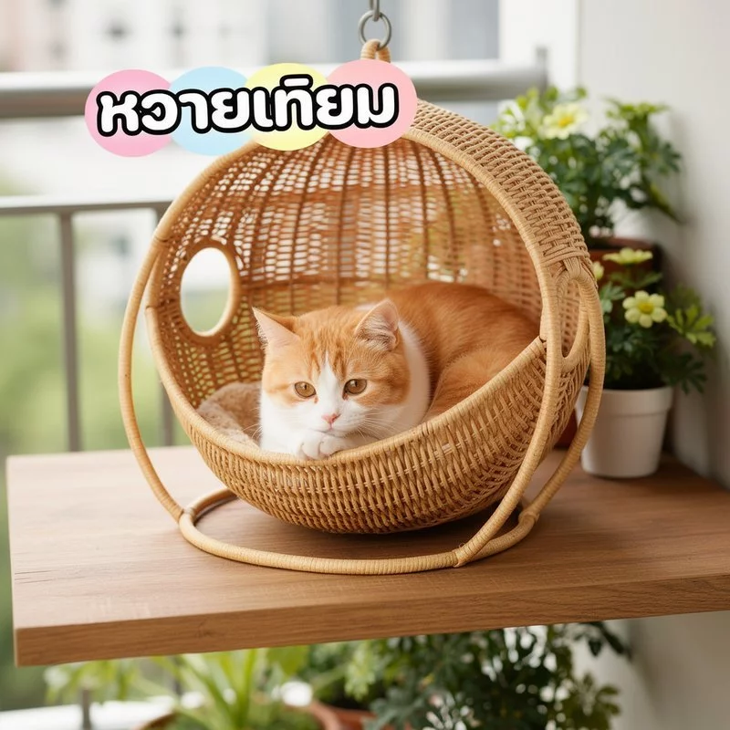 บ้านแมวหวาย ตะกร้าแมว เปลแมว ตะกร้าแขวน กึ่งปิด ระบายอากาศดี วัสดุธรรมชาติ ที่นอนแมว คอนโดแมว ภาพที่ 4