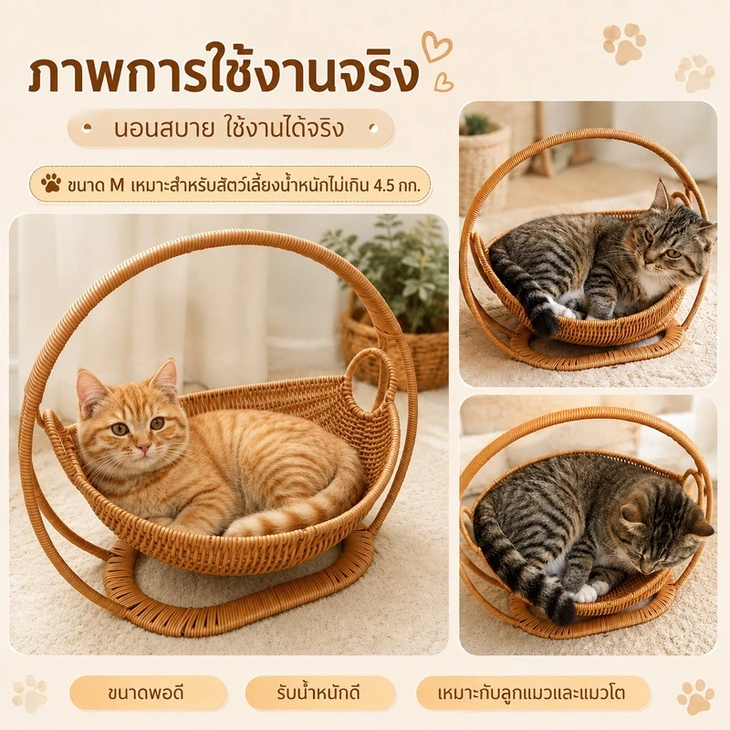 บ้านแมวหวาย ตะกร้าแมว เปลแมว ตะกร้าแขวน กึ่งปิด วัสดุธรรมชาติ ระบายอากาศดี คอนโดแมวขนาดเล็ก ภาพที่ 5