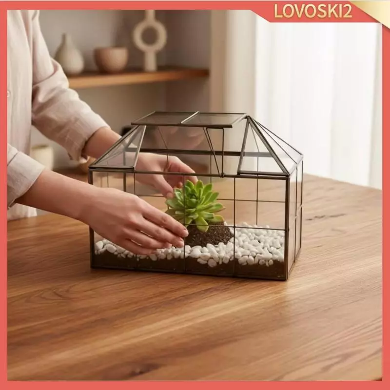 [Lovoski2] โต๊ะ Terrarium พร้อมหลังคาบานพับ Handmade House-Shaped Terrarium แก้วตกแต่งเรือนกระจก Clear สําหรับ Gardeners, Crafte ภาพที่ 5