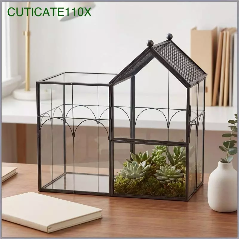 [cuticate110x] ในร่มแก้ว Terrarium ที่มีกรอบโลหะตกแต่ง House Terrarium ที่มีบานพับประตูเรขาคณิตโต๊ะชาวไร่หรูหราสําหรับคนรักพืช ภาพที่ 4
