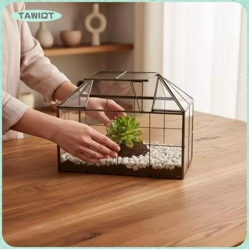 [tawiqt.th] โต๊ะ Terrarium พร้อมหลังคาบานพับ Miniature House-Shaped Terrarium Elegant Geometric Glass Planter โมเดิร์นสําหรับ ภาพที่ 2