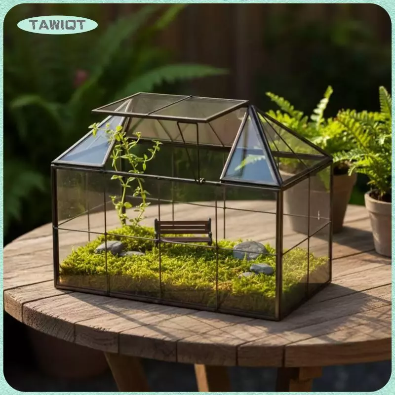 [tawiqt.th] โต๊ะ Terrarium พร้อมหลังคาบานพับ Miniature House-Shaped Terrarium Elegant Geometric Glass Planter โมเดิร์นสําหรับ ภาพที่ 5