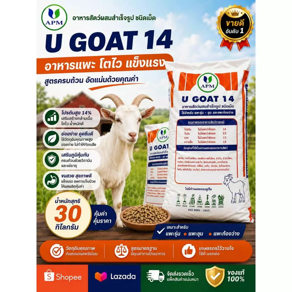 U GOAT 14 อาหารแพะสำเร็จรูป ชนิดเม็ด โปรตีน 14% สำหรับแพะรุ่น แพะขุน และแพะท้องว่าง ขนาด 30 กก. ภาพที่ 2