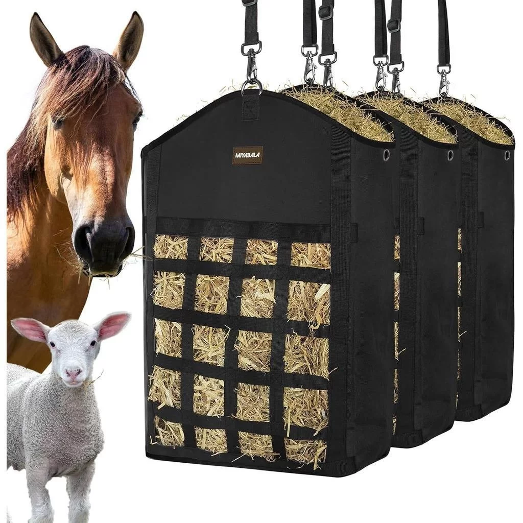 ถุงแห้งสําหรับม้า,ถุงหญ้าป้อนช้า 3 แพ็คสําหรับแพะ,Sheep,Donkey,พรีเมี่ยมถุงให้อาหารหญ้าชนิดหนึ่งที่มีการออกแบบตาข่ายหญ้าแห้งด้าน ภาพที่ 3