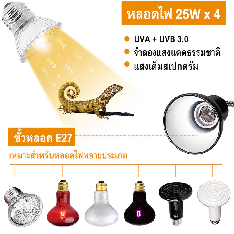 ถูกขั้วหลอดไฟเซรามิกE27[แบบมีโคม] กกไฟ ไฟกกเต่า ไฟกกลูกนก ไฟกกลูกไก่ ให้ความอบอุ่นเต่าบก ให้ความร้อน UVA/UVB ภาพที่ 5